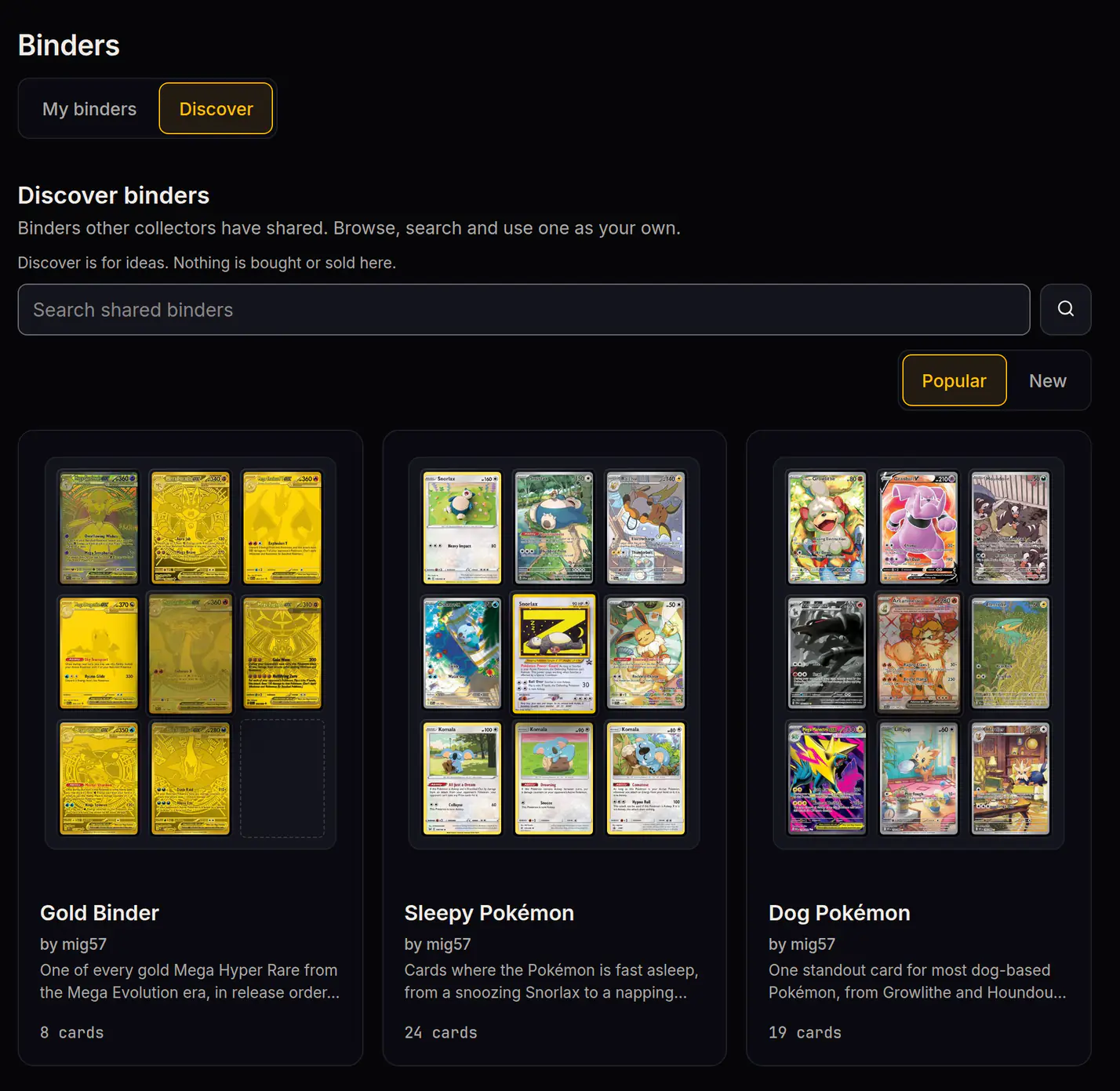 The Discover directory in PokeTrack.io: a search box and shared binders by mig57, each shown as a 3x3 mosaic of its cards, starting with Gold Binder.